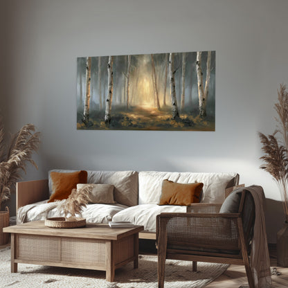 Misty birch forest painting poster print in a rustic living room