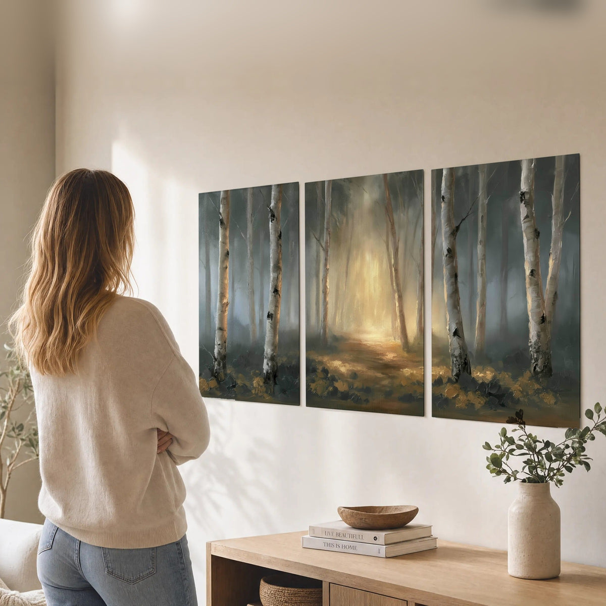 Misty birch forest painting set of 3 poster prints in a living room