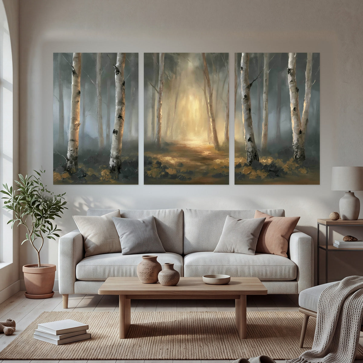 Misty birch forest painting set of 3 poster prints in a bright living room