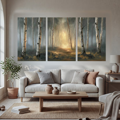 Misty birch forest painting set of 3 poster prints in a bright living room