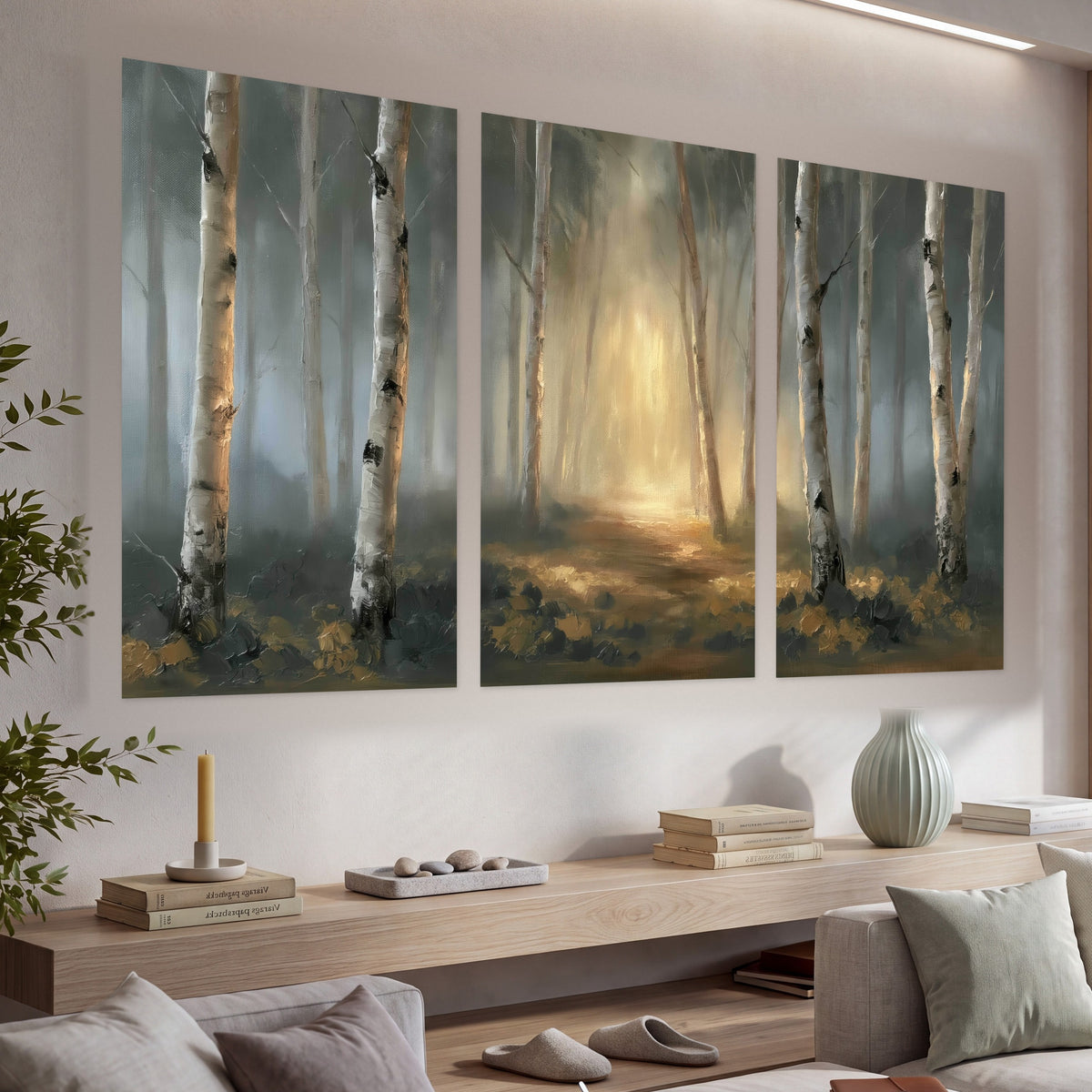 Misty birch forest painting set of 3 poster prints in a living room above a console