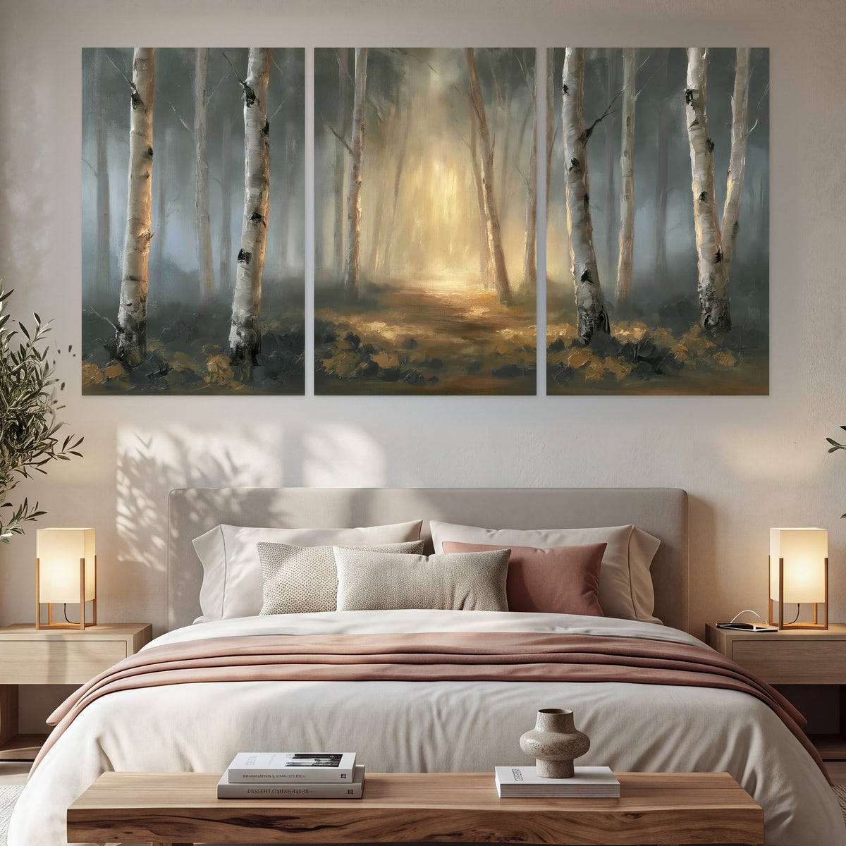 Misty birch forest painting set of 3 poster prints in a bedroom above the bed