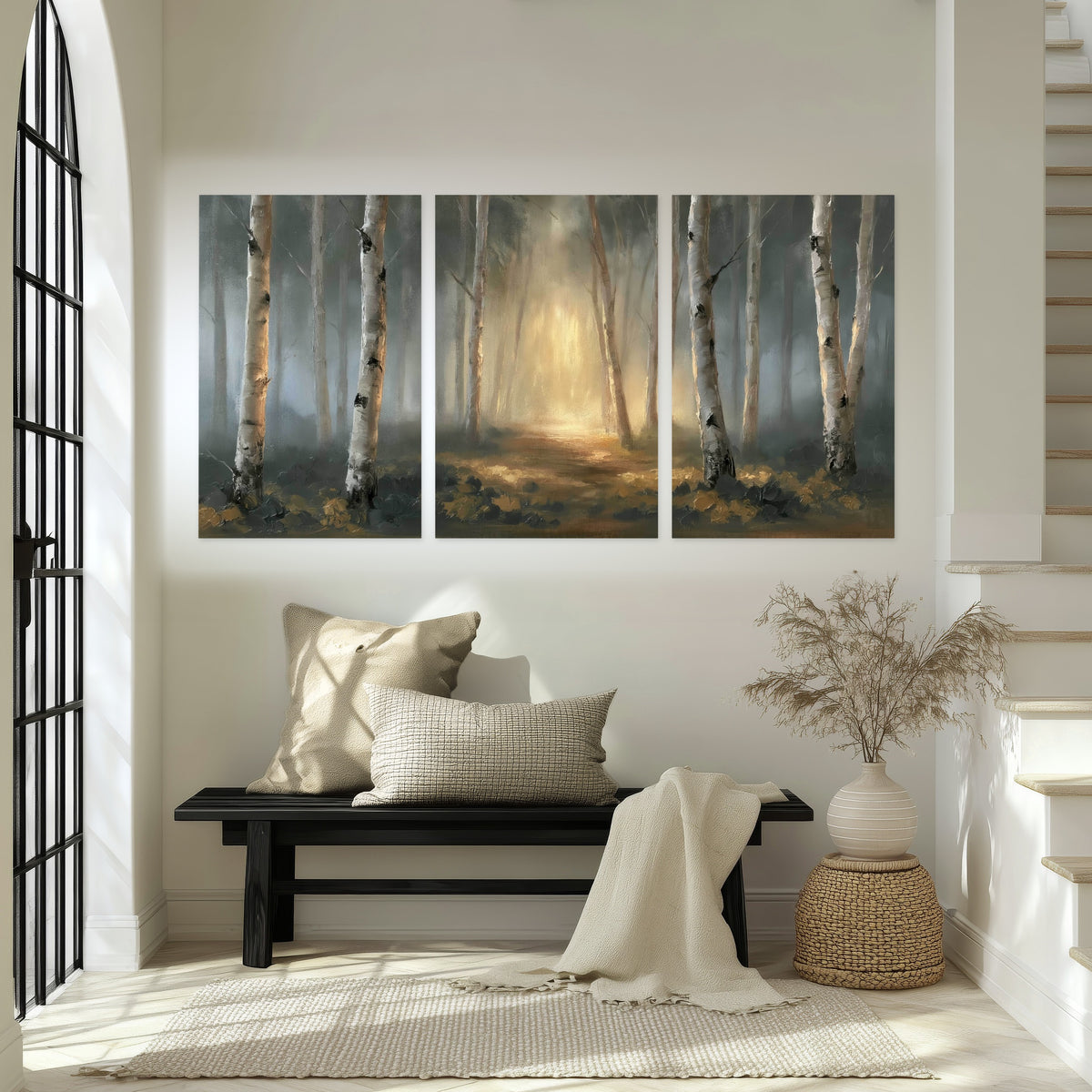 Misty birch forest painting set of 3 poster prints in an entryway above a bench
