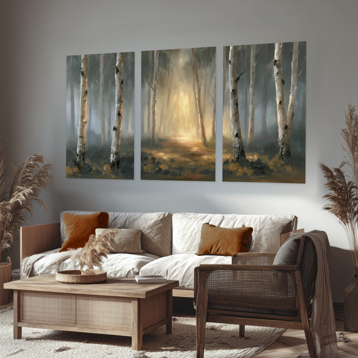 Misty birch forest painting set of 3 poster prints in a rustic living room