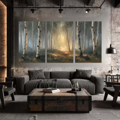 Misty birch forest painting set of 3 poster prints in an industrial loft