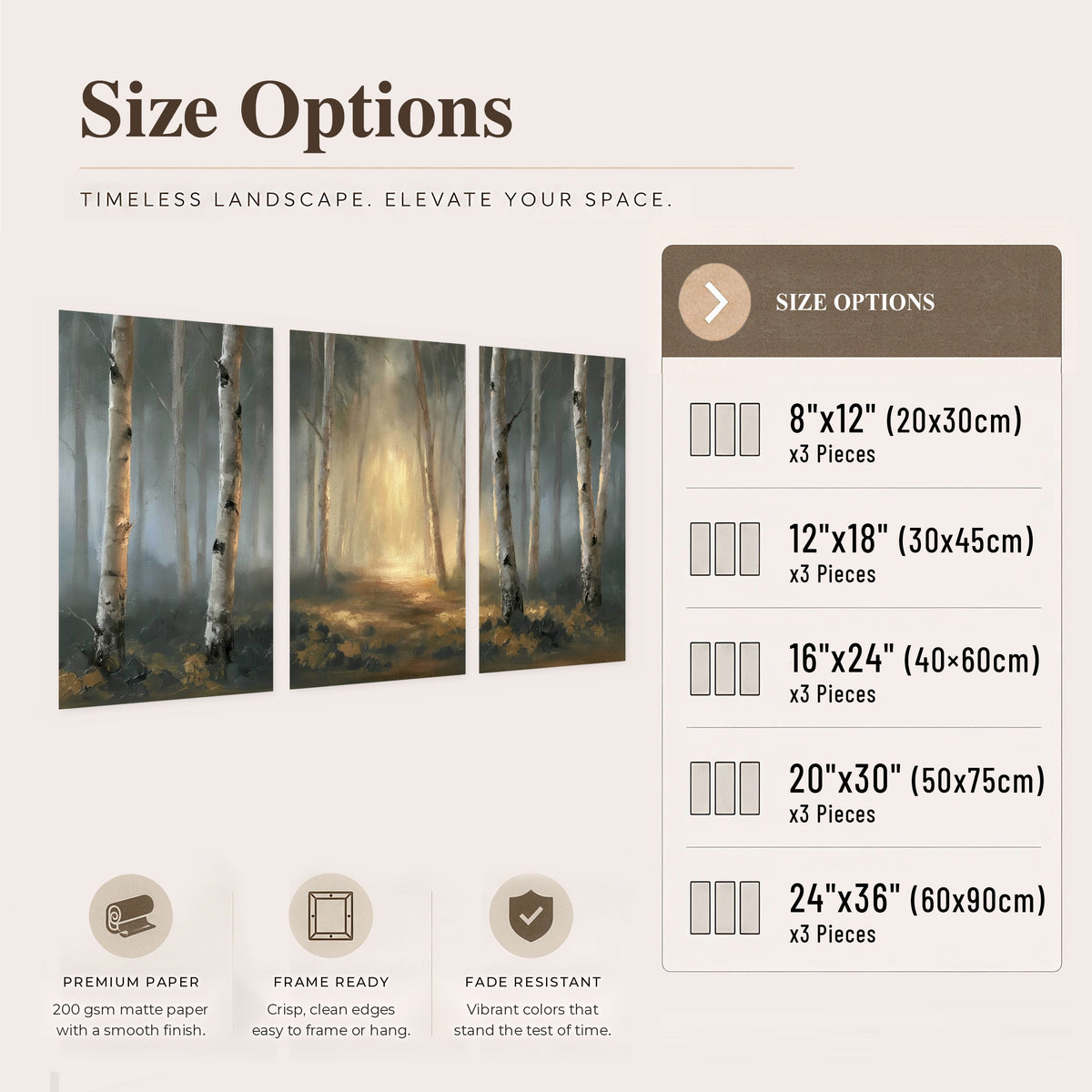 Misty birch forest painting set of 3 poster prints size options