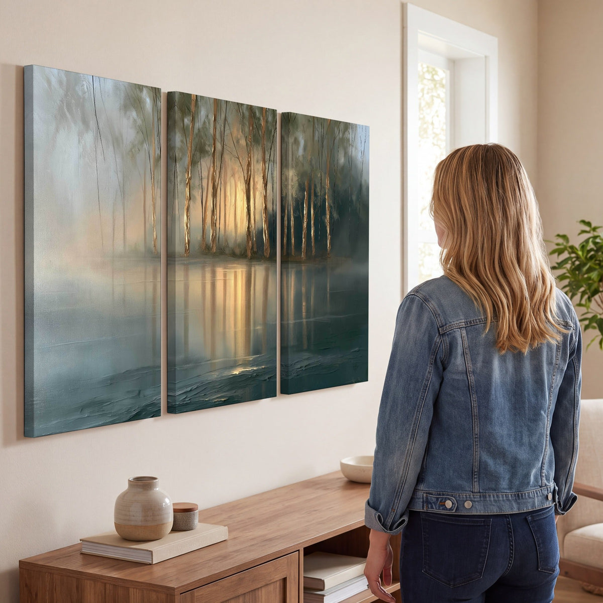 Misty lake sunrise painting 3 piece canvas wall art in a living room