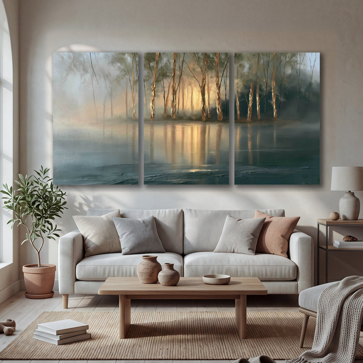 Misty lake sunrise painting 3 piece canvas wall art in a bright living room