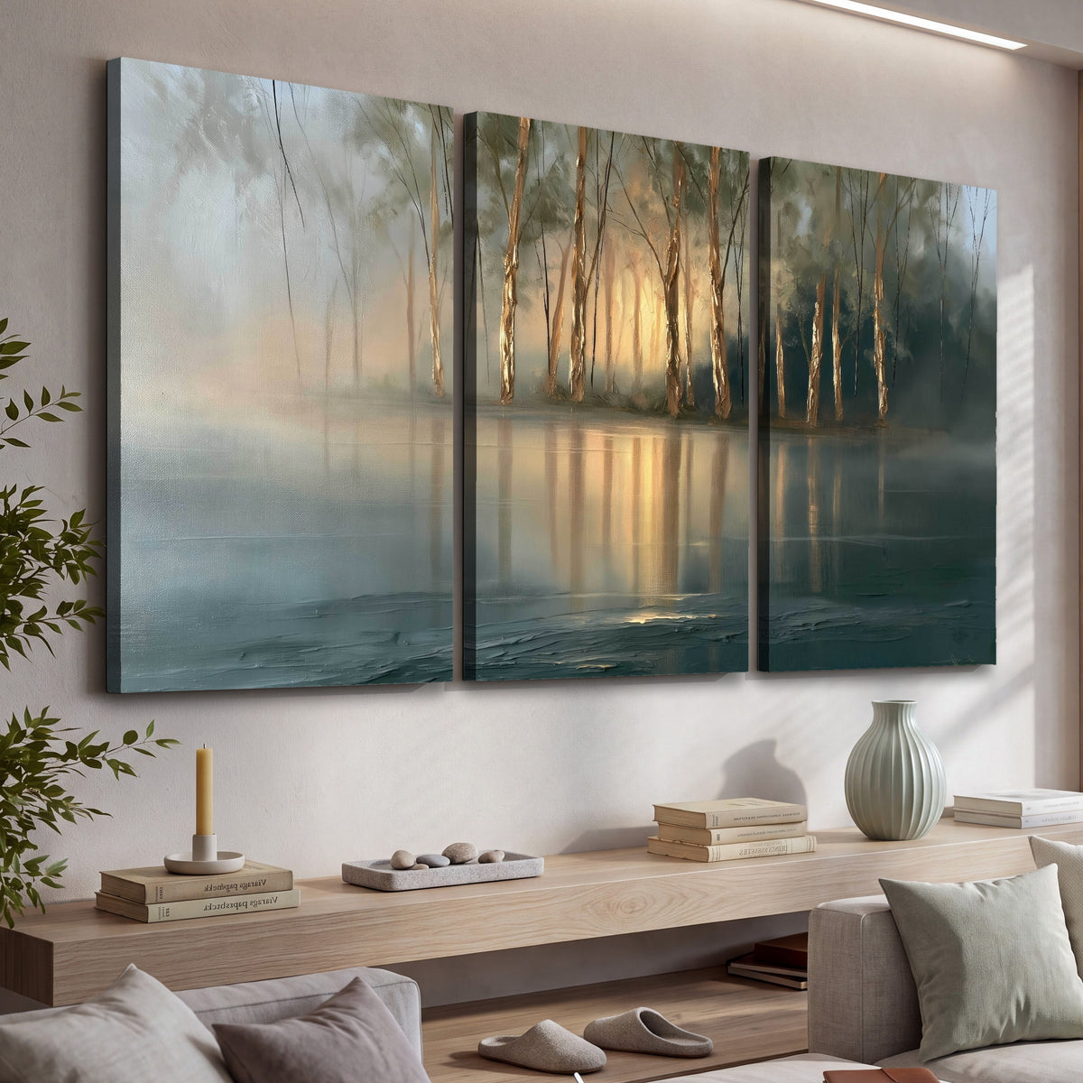Misty lake sunrise painting 3 piece canvas wall art in a living room above a console