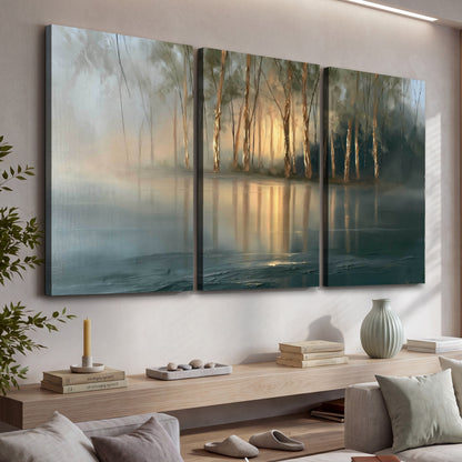 Misty lake sunrise painting 3 piece canvas wall art in a living room above a console