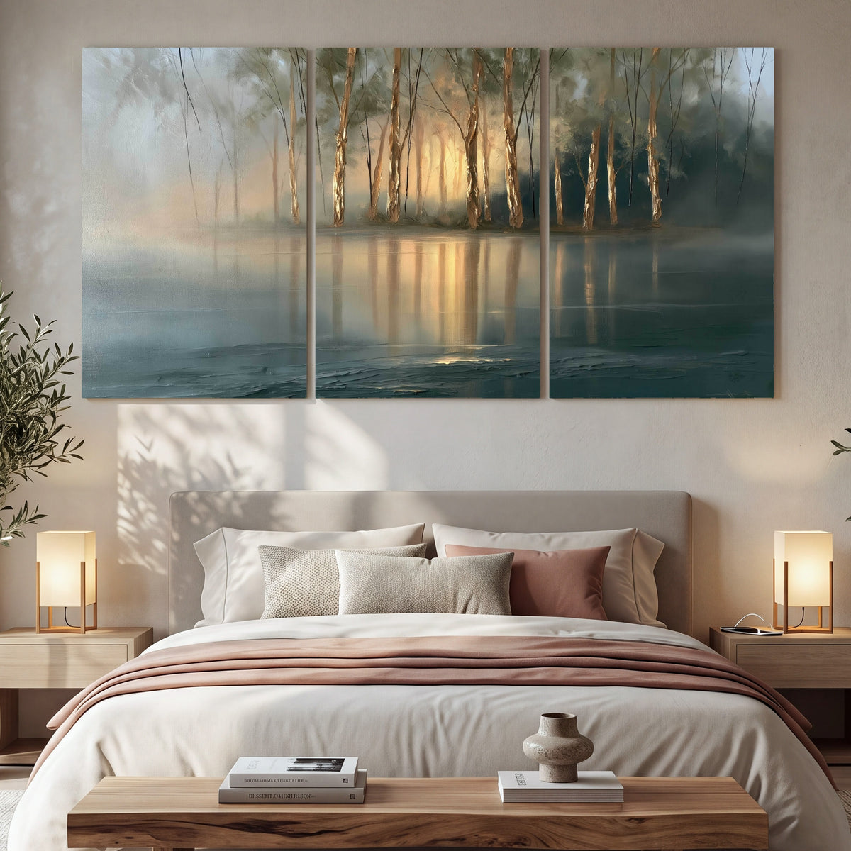Misty lake sunrise painting 3 piece canvas wall art in a bedroom above the bed