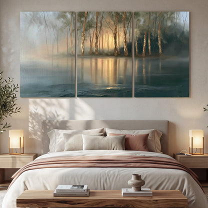 Misty lake sunrise painting 3 piece canvas wall art in a bedroom above the bed