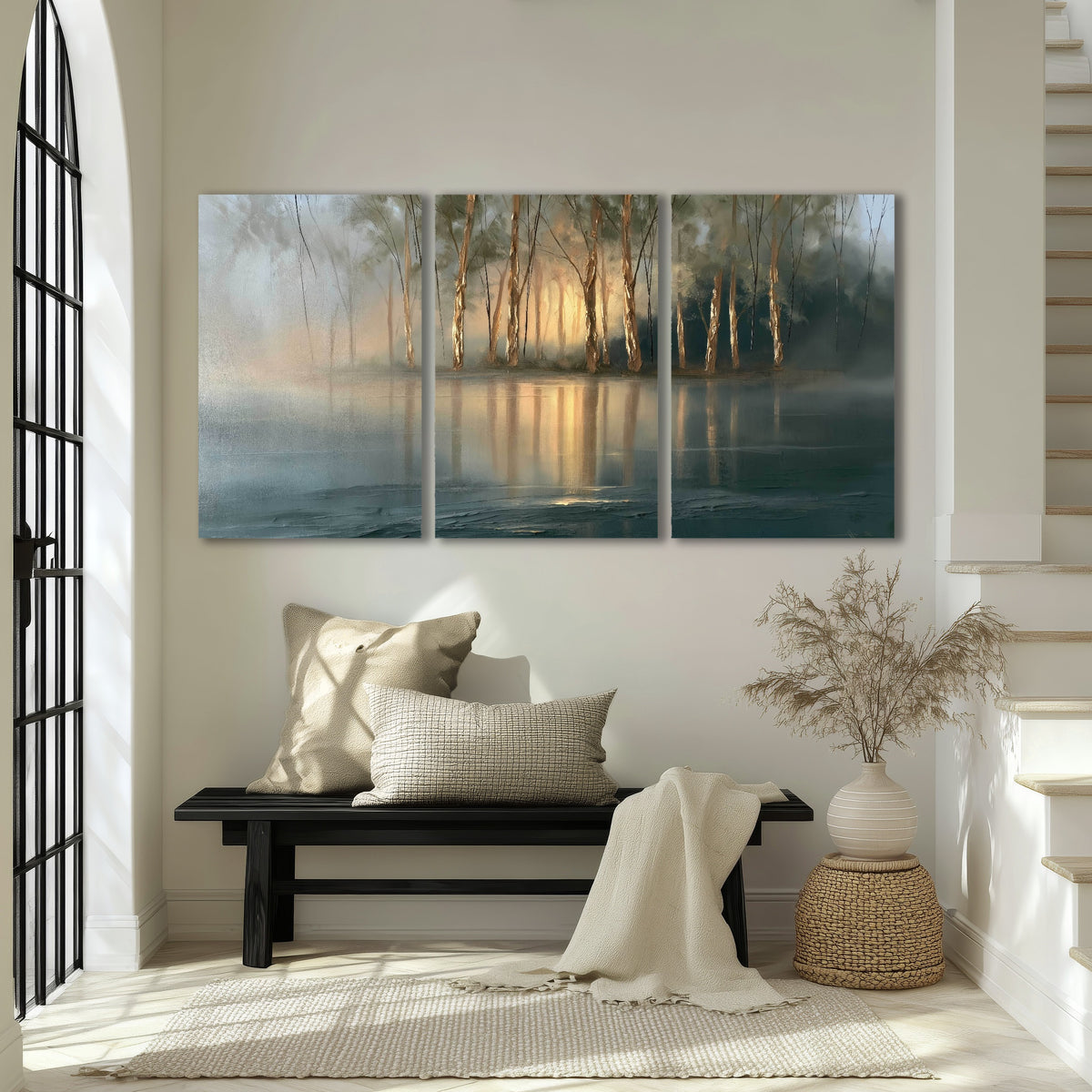 Misty lake sunrise painting 3 piece canvas wall art in an entryway above a bench