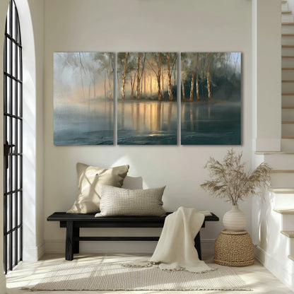 Misty lake sunrise painting 3 piece canvas wall art in an entryway above a bench