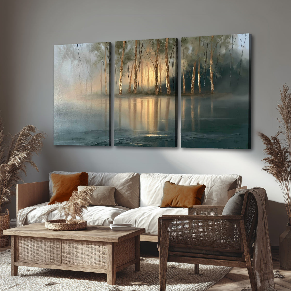 Misty lake sunrise painting 3 piece canvas wall art in a rustic living room