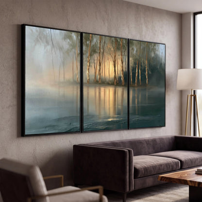 Misty lake sunrise painting 3 piece canvas wall art in a modern living room