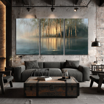 Misty lake sunrise painting 3 piece canvas wall art in an industrial loft
