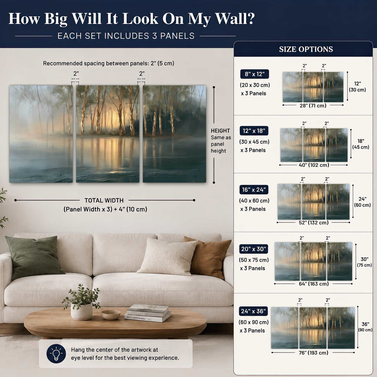 Misty lake sunrise painting 3 piece canvas wall art size guide above a sofa