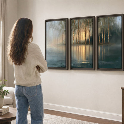 Misty lake sunrise painting 3 piece framed canvas in a living room