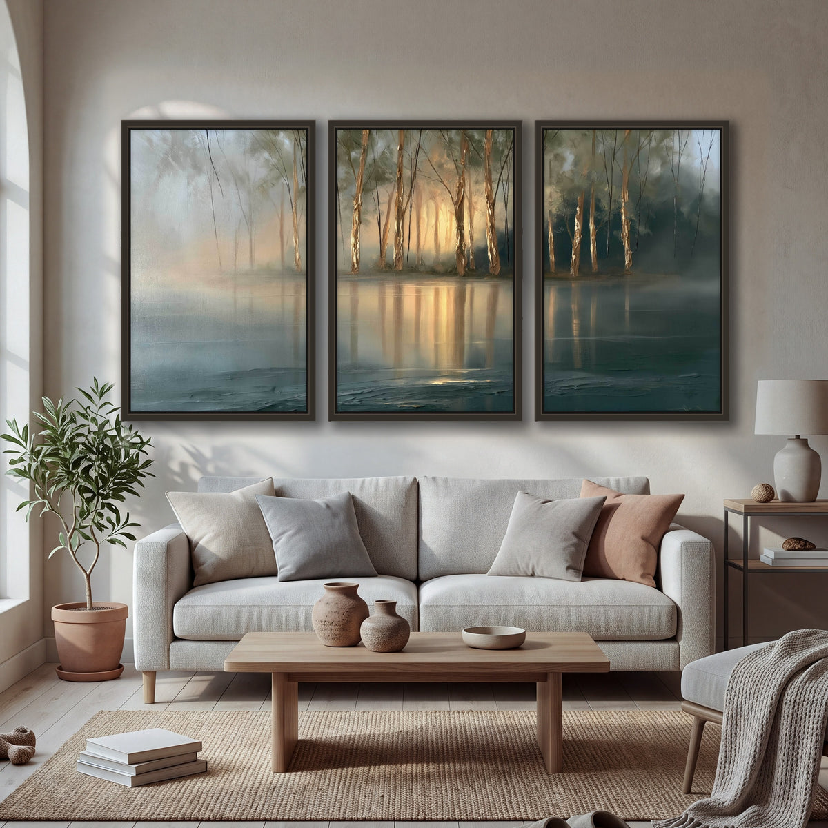 Misty lake sunrise painting 3 piece framed canvas in a bright living room