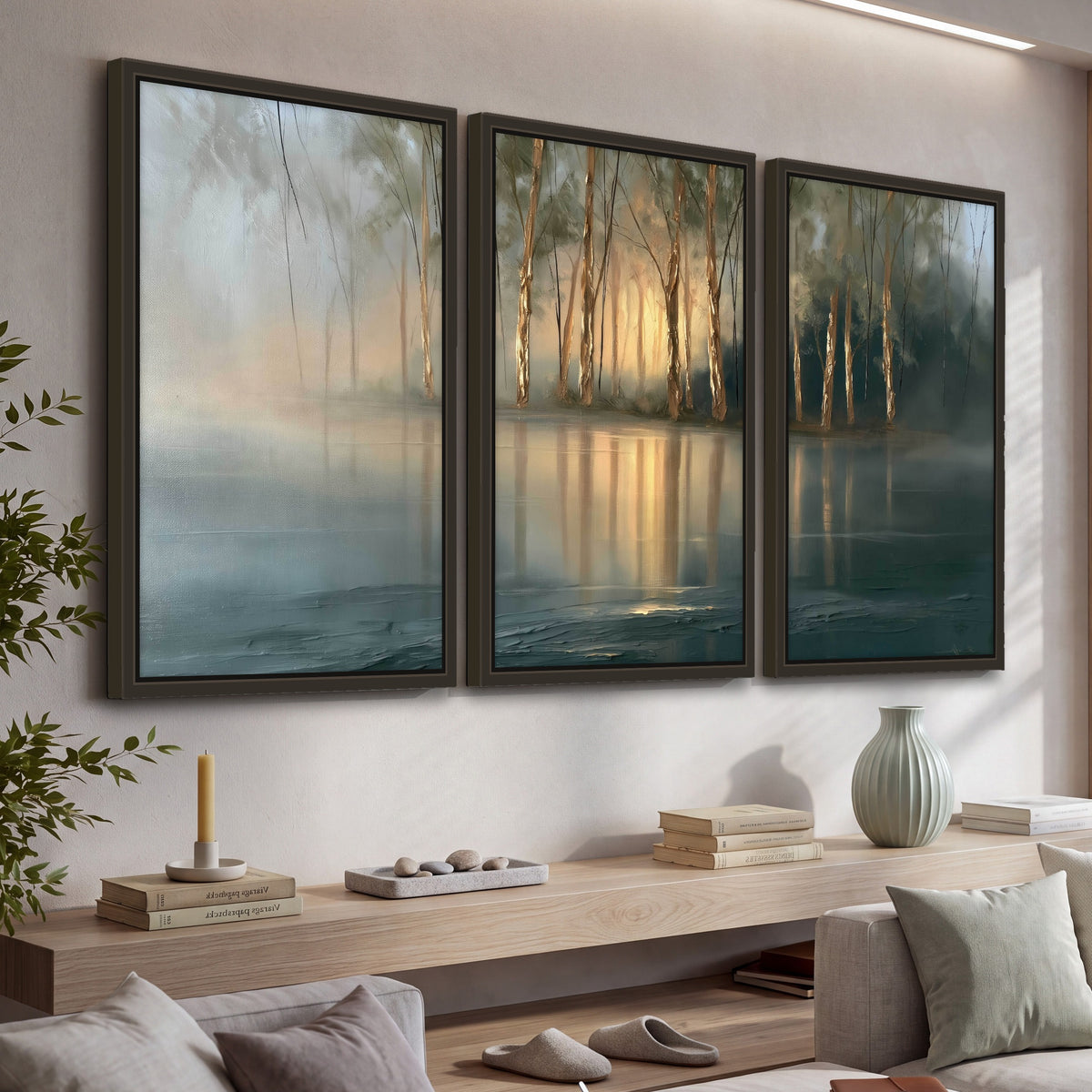 Misty lake sunrise painting 3 piece framed canvas in a living room above a console