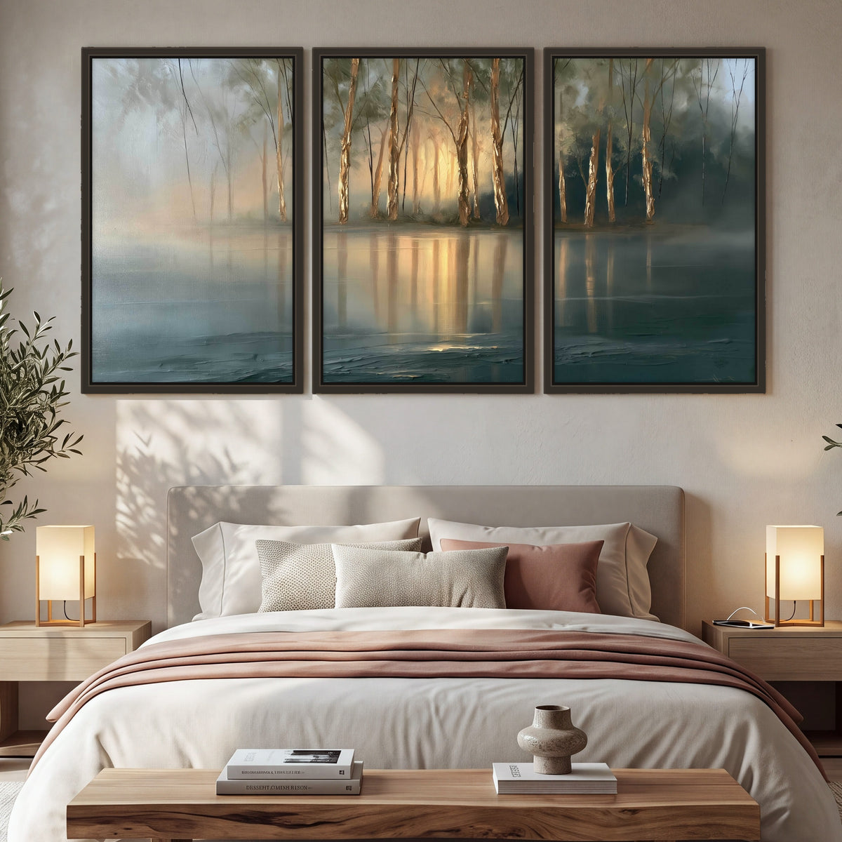 Misty lake sunrise painting 3 piece framed canvas in a bedroom above the bed