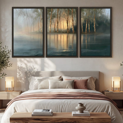 Misty lake sunrise painting 3 piece framed canvas in a bedroom above the bed