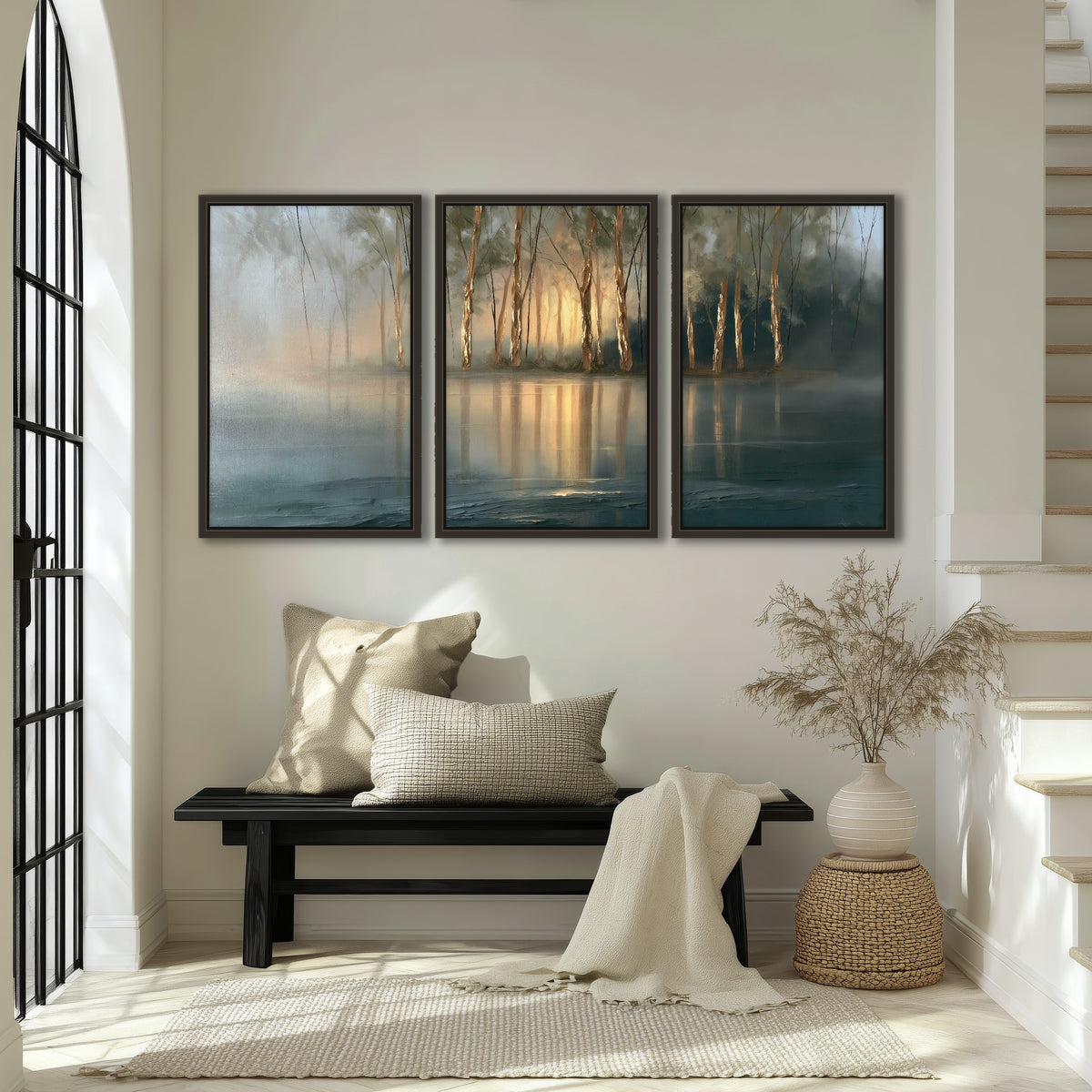 Misty lake sunrise painting 3 piece framed canvas in an entryway above a bench