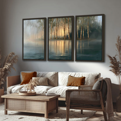 Misty lake sunrise painting 3 piece framed canvas in a rustic living room