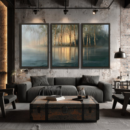 Misty lake sunrise painting 3 piece framed canvas in an industrial loft