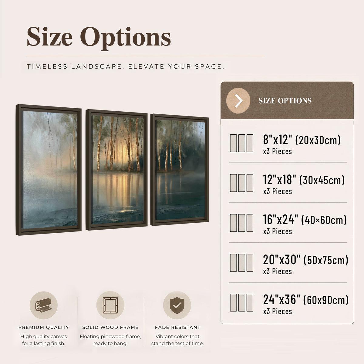 Misty lake sunrise painting 3 piece framed canvas size options