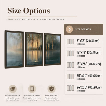 Misty lake sunrise painting 3 piece framed canvas size options