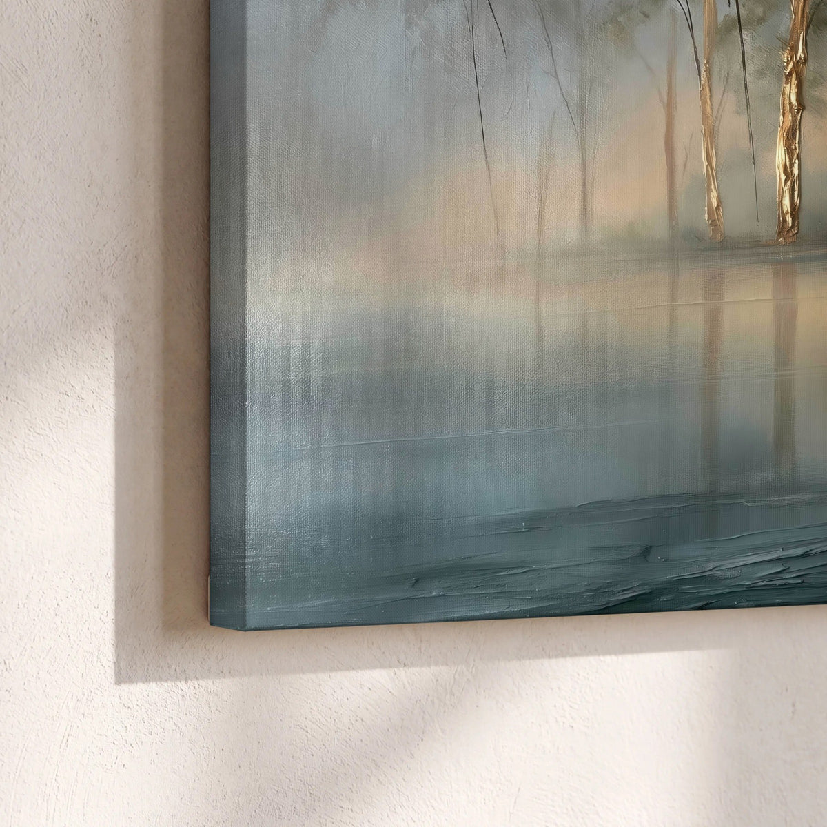 Misty lake sunrise painting canvas print close-up showing the gallery-wrapped edge