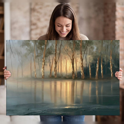Misty lake sunrise painting canvas wall art held in hands