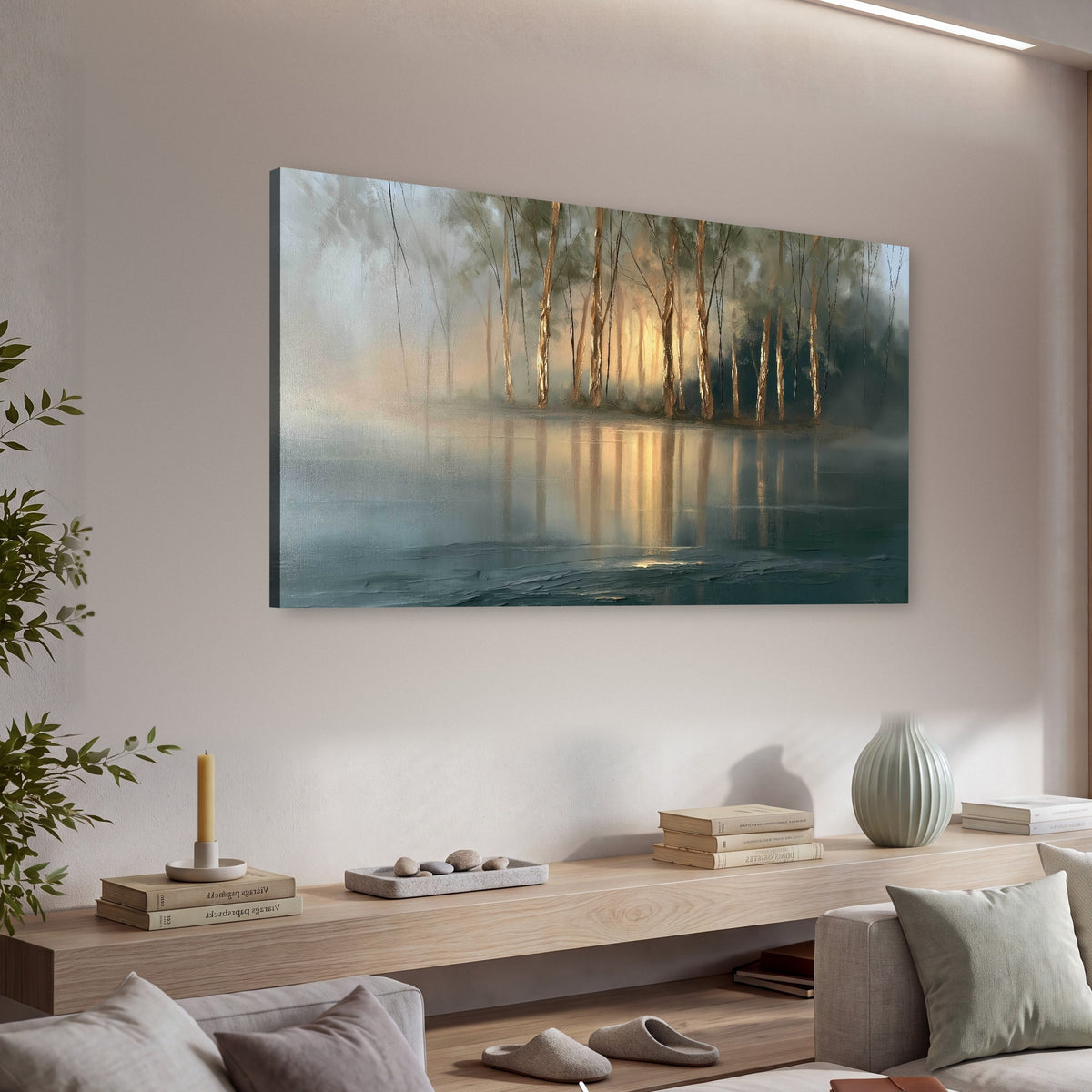 Misty lake sunrise painting canvas wall art in a living room above a console