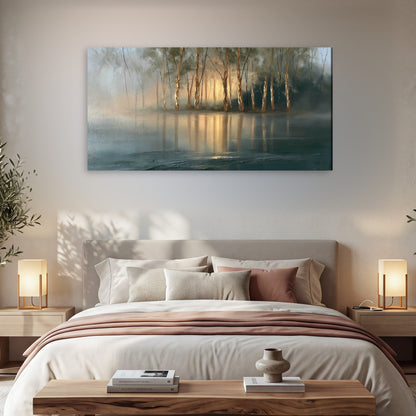 Misty lake sunrise painting canvas wall art in a bedroom above the bed