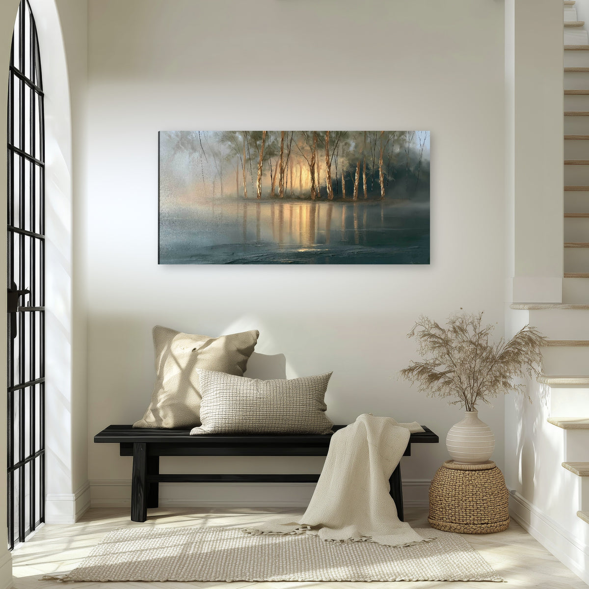 Misty lake sunrise painting canvas wall art in an entryway above a bench
