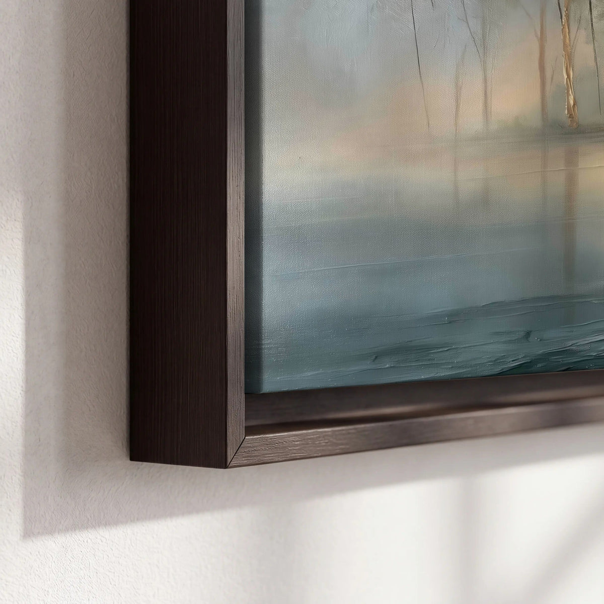 Misty lake sunrise painting framed canvas close-up showing the floating frame