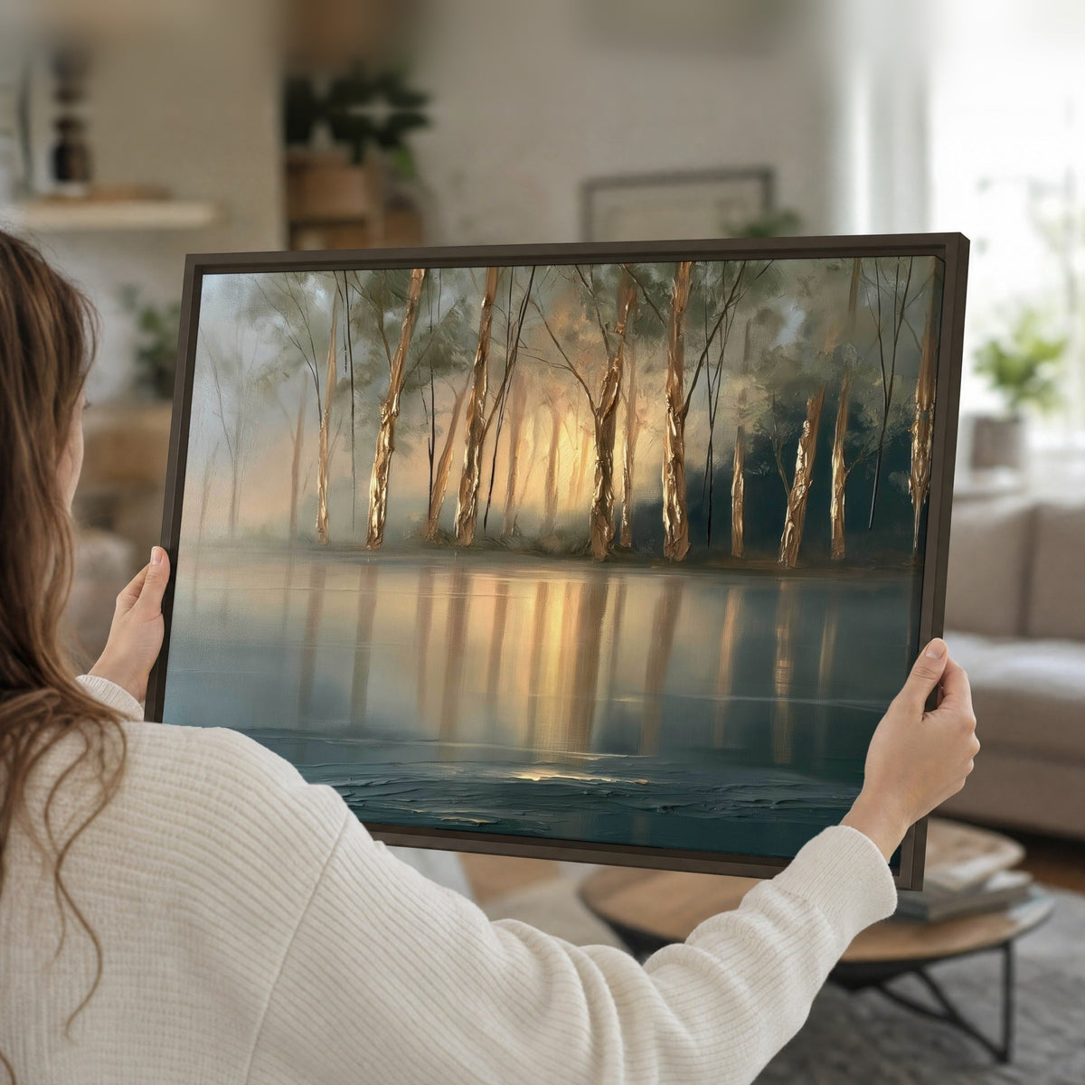 Misty lake sunrise painting framed canvas held in hands