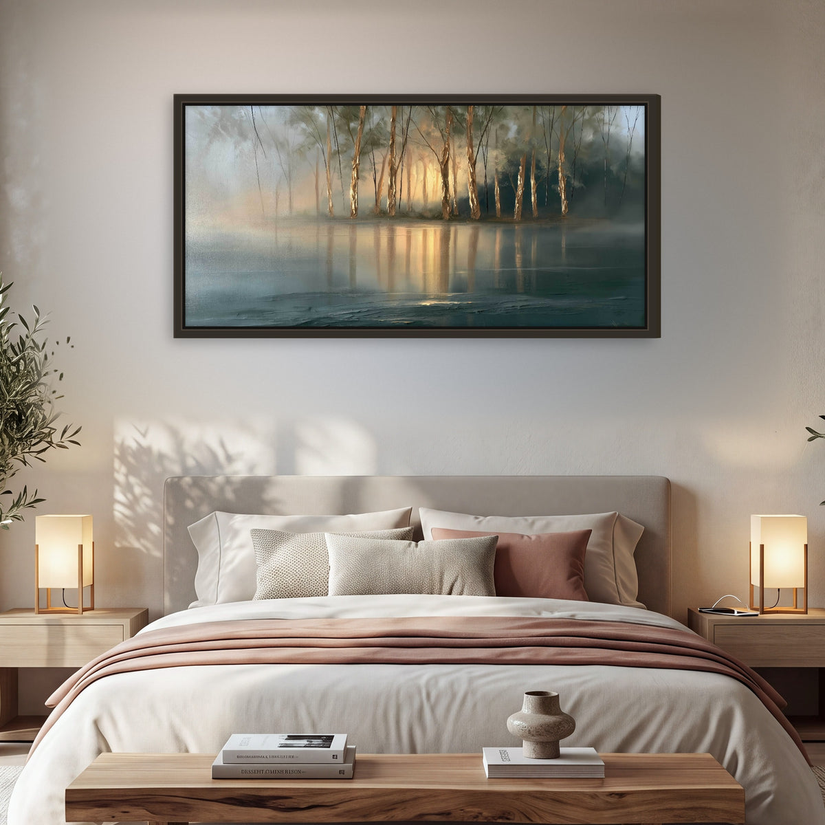 Misty lake sunrise painting framed canvas wall art in a bedroom above the bed