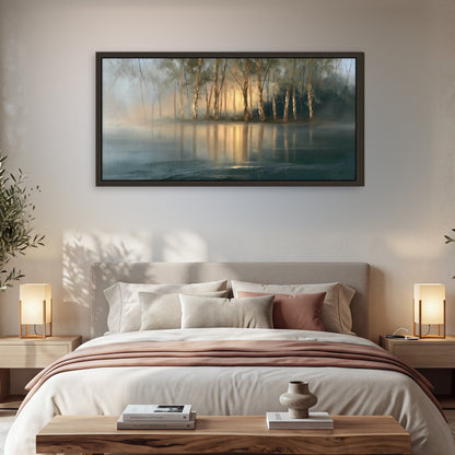 Misty lake sunrise painting framed canvas wall art in a bedroom above the bed
