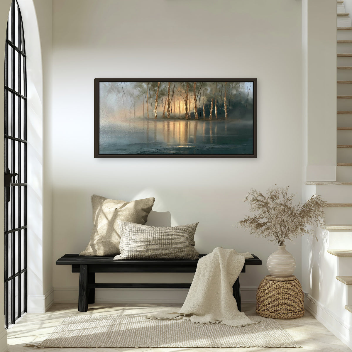 Misty lake sunrise painting framed canvas wall art in an entryway above a bench