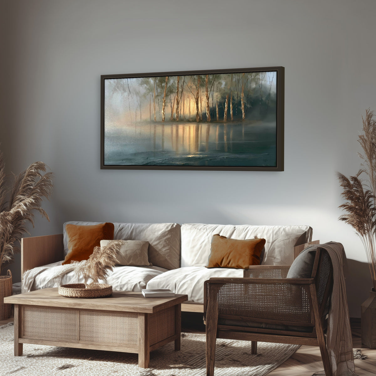 Misty lake sunrise painting framed canvas wall art in a rustic living room