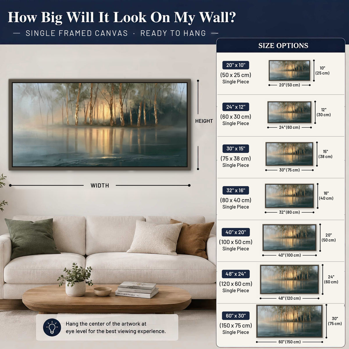 Misty lake sunrise painting framed canvas wall art size guide above a sofa
