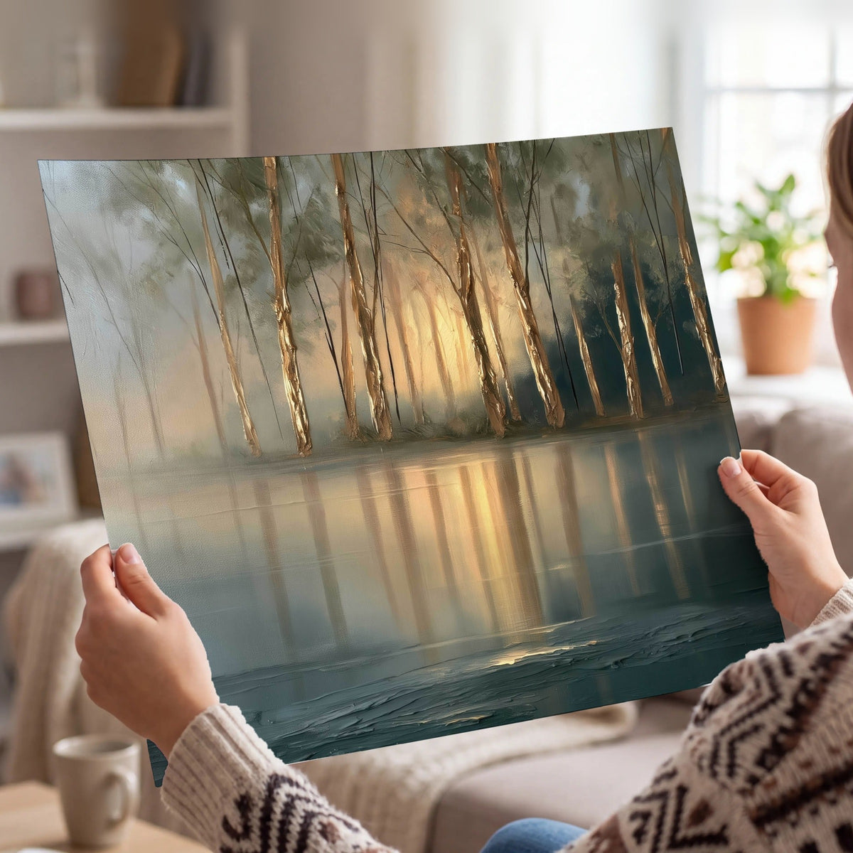 Misty lake sunrise painting poster print held in hands