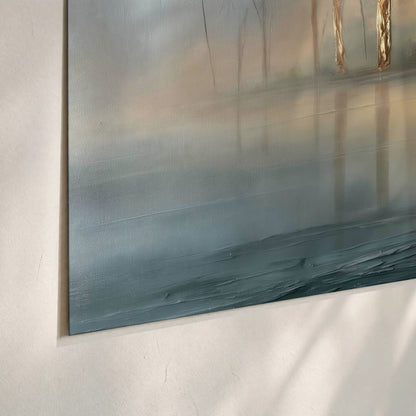 Misty lake sunrise painting poster print close-up on matte paper