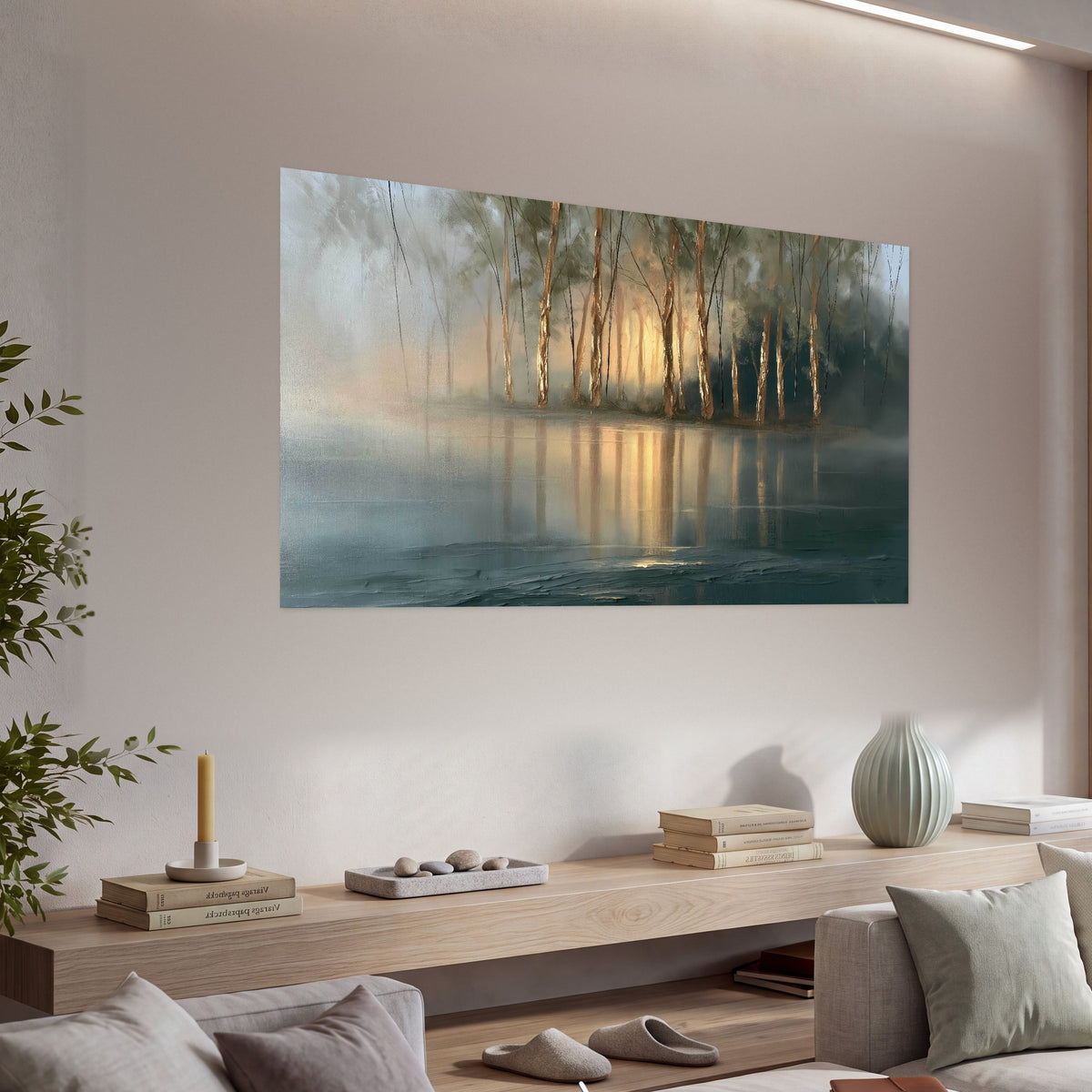 Misty lake sunrise painting poster print in a living room above a console