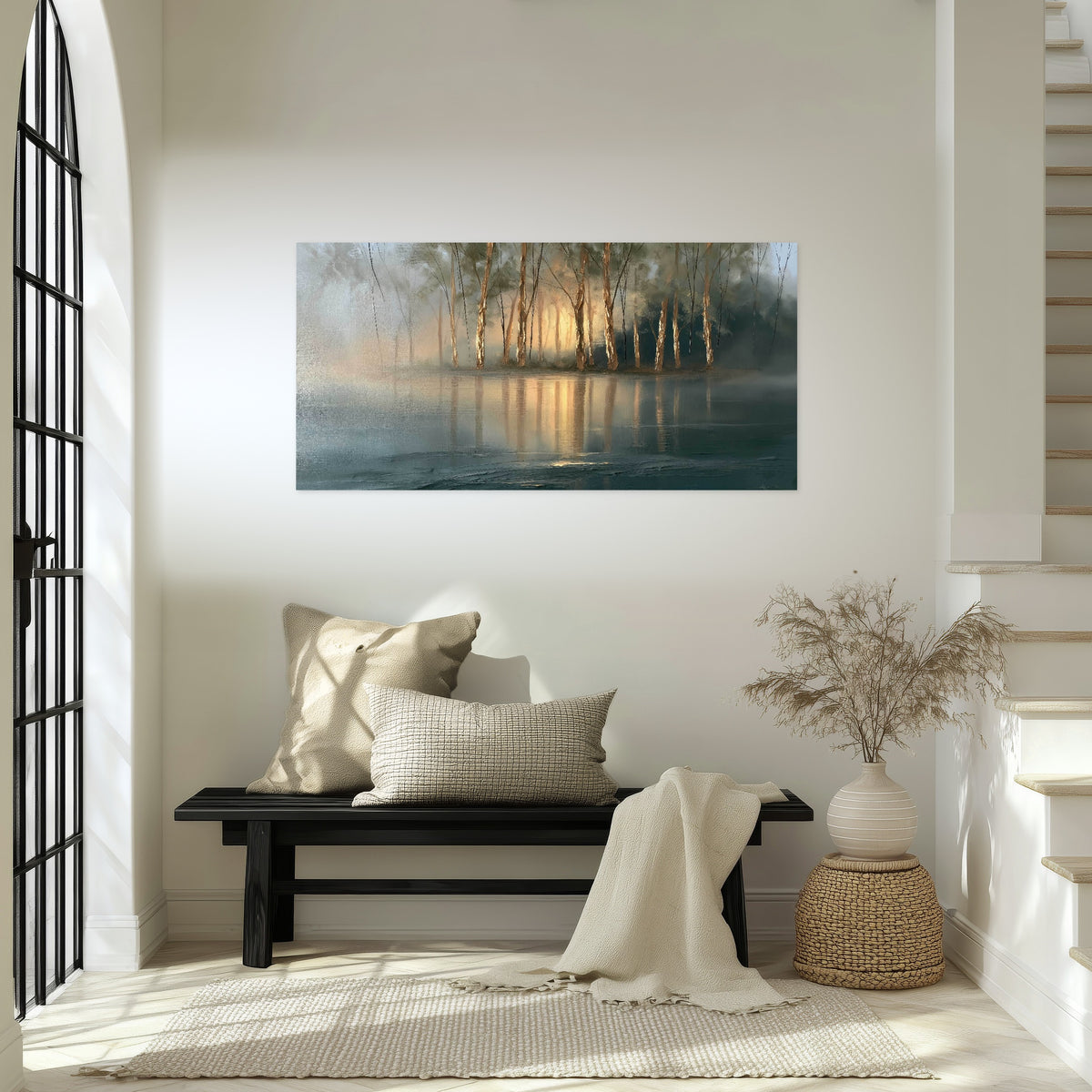 Misty lake sunrise painting poster print in an entryway above a bench