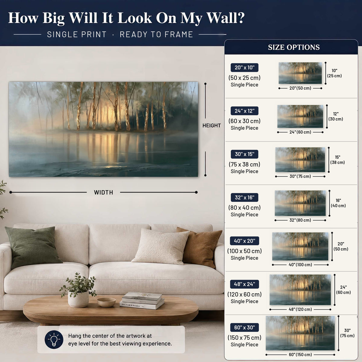 Misty lake sunrise painting poster print size guide above a sofa
