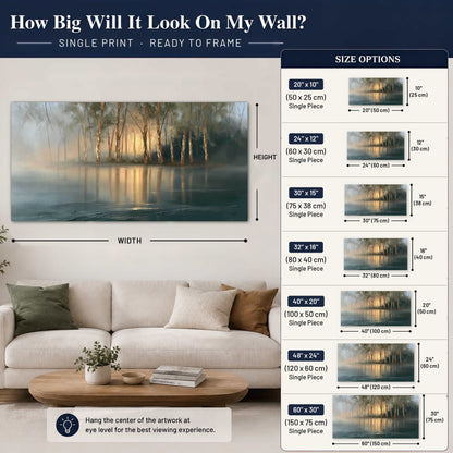 Misty lake sunrise painting poster print size guide above a sofa